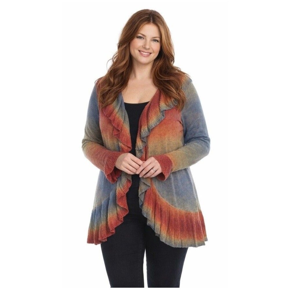 Womens Open Front Cardigan Sweater Lightweight Ruffle Earthy Colors Ombre Large